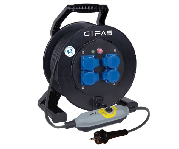 GIFAS Kunststoff-Leitungsroller Typ 512K2, 50m, 3x1,5mm², 4x Schuko, Schutzkontaktstecker, PRCD´S+, 301248