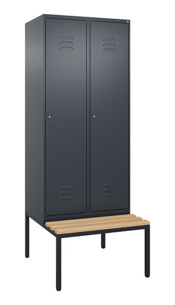 C+P Umkleidespind Classic PLUS, mit untergebauter Sitzbank, 2 Abteile, 2120x800x815mm, 7016/7016, Zylinderschlösser, Buche-Sitzleisten, 0800507-22 S10056
