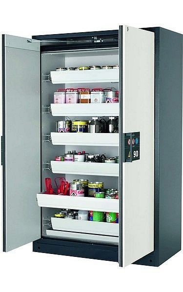 asecos Sicherheitsschrank Q-PEGASUS-90, Q90.195.120.WDAC in reinweiß RAL 9010 mit 6x Auszugswanne Standard (Stahlblech), 30002-050-30017