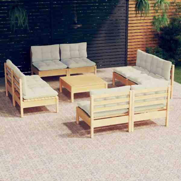 vidaXL 9-tlg. Garten-Lounge-Set mit Creme Kissen Kiefernholz, 3096046