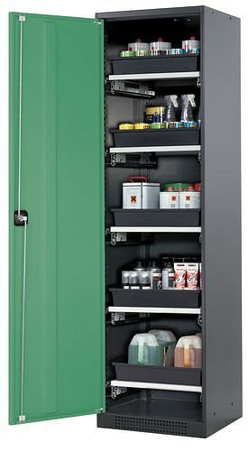 asecos Chemikalienschrank Systema-T CS-55L, Korpus anthrazit, Flügeltüren grün, 5 Tablarauszüge, 208951