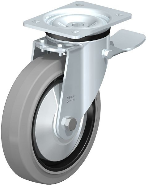 Blickle LK-POEV 200KD-ST-SG-FA Stahlblech-Lenkrolle, schwere Ausführung, mit Anschraubplatte & Feststeller, Elastik-Vollgummi, Grau, 851315