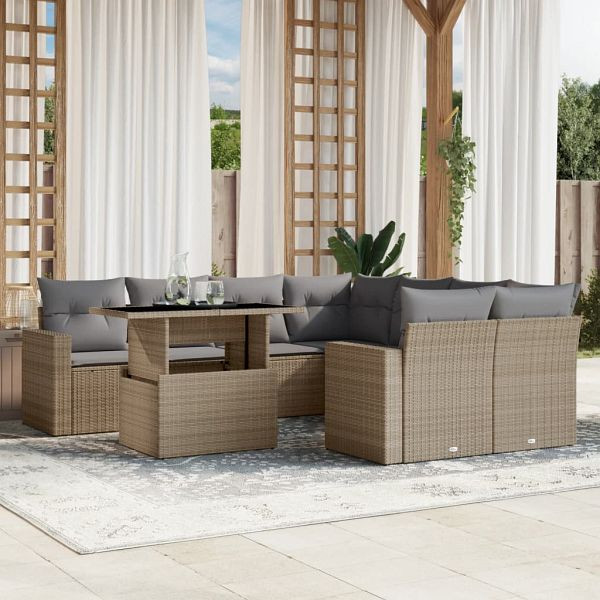 vidaXL 9-teilig Garten-Sofagarnitur mit Kissen Beige Poly Rattan, 3267169