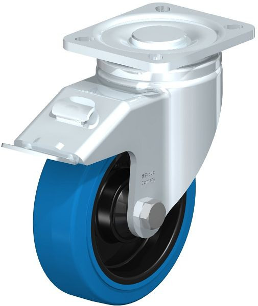 Blickle LH-POEV 125K-1-FI-SB Stahlblech-Lenkrolle, Schwerlast-Ausführung, mit Anschraubplatte & Feststeller, Elastik-Vollgummi, Blau, 750067