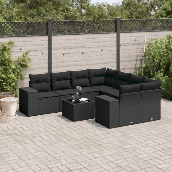 vidaXL 9-tlg. Garten-Sofagarnitur mit Kissen Schwarz Poly Rattan, 3222354