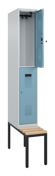 C+P Doppelstock-Spind Evolo PLUS, Bank, 2 Fächer, 2120x300x815mm, 7035/0010, Zylinderschloss, Sitzfläche Buche-Hartholz, Sitzbank, 0493507-10 S10036