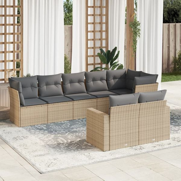 vidaXL 8-teilig Garten-Sofagarnitur mit Kissen Beige Poly Rattan, 3219209