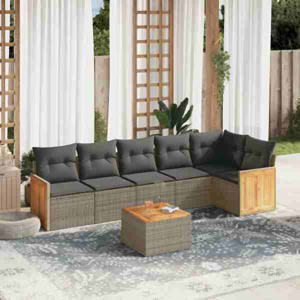 vidaXL 7-tlg. Garten-Sofagarnitur mit Kissen Grau Poly Rattan, UV-beständig, 3227677