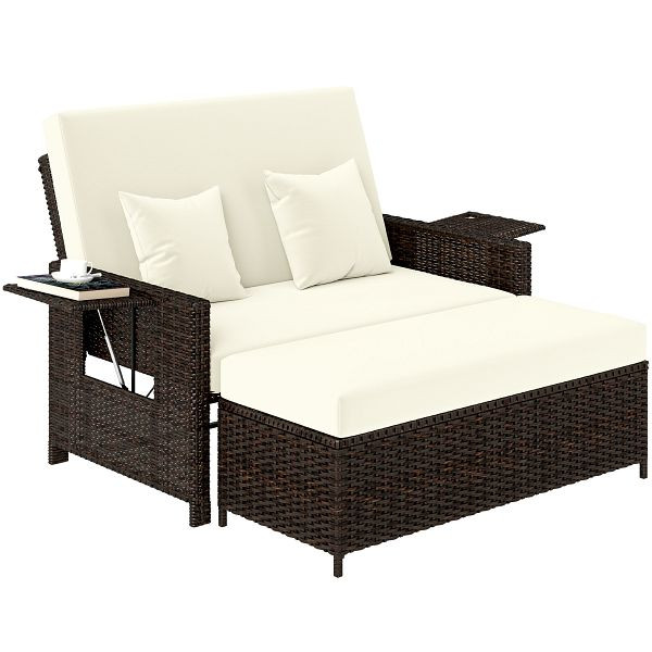 Outsunny Gartensofa mit Liegefunktion, ausfahrbare Fußbank mit Stauraum, Sitzkissen, braun+creme, 130 x 72 x 96 cm, 862-012