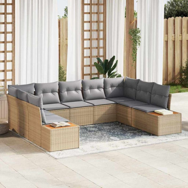 vidaXL Garten-Sofa-Set mit Kissen, 9er Set, Beige Poly Rattan, 3348166