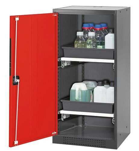 asecos Chemikalienschrank Systema-T CS-52L, Korpus anthrazit, Flügeltüren rot, 2 Tablarauszüge, 208621