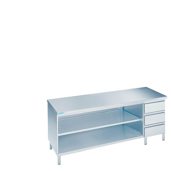 CHROMOnorm Arbeitsschrank offen mit Schubladenblock rechts, Tiefe 600mm, Tischplatte allseits abgekantet, SG0608AS3R0