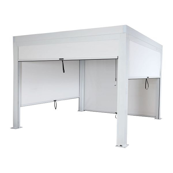 Mendler Pergola HWC-L46 mit Seitenwand, Gartenpavillon Lamellen-Pavillon Rollo, 11cm-Alu-Gestell, sturmfest 3x3m, weiß, 99255+99256+99257+99258+4x99266