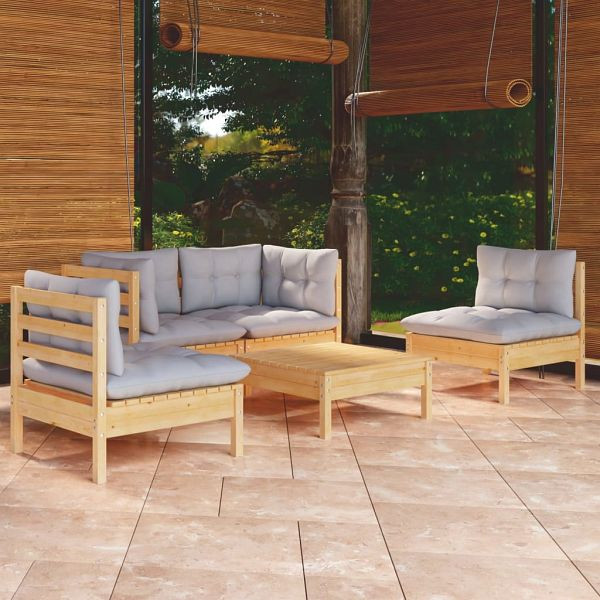 vidaXL 5-teilig Garten-Lounge-Set mit Grauen Kissen Kiefer Massivholz, 3096177