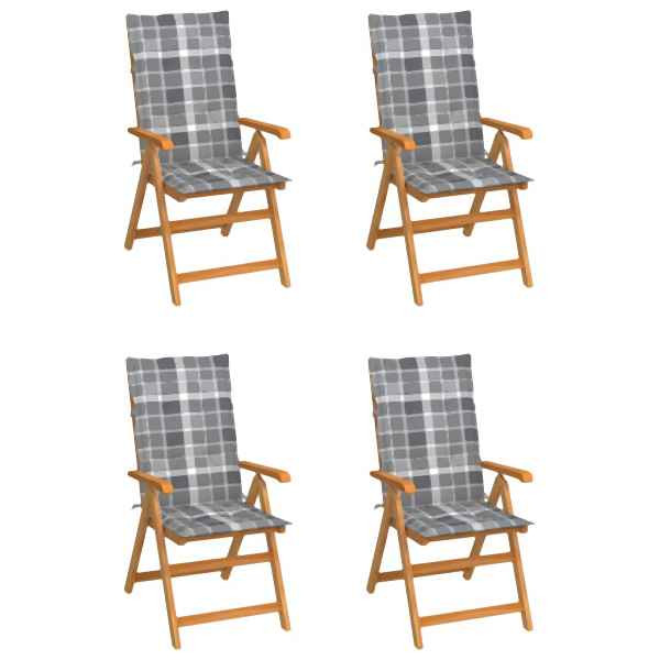 vidaXL Gartenstühle 4 Stück Graue Karomuster-Kissen Massivholz Teak, 3065544
