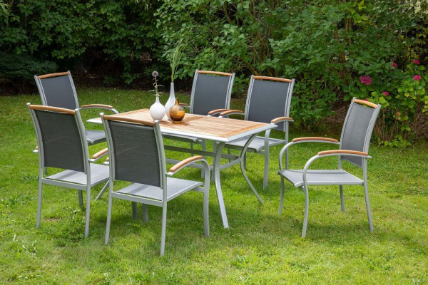 Merxx Siena Set 7-teilig, 6 Siena Stapelsessel, mit Akazienholzapplikationen, 1 Tisch 140 x 80 cm, Tischplatte aus Akazienholz, 50227-219