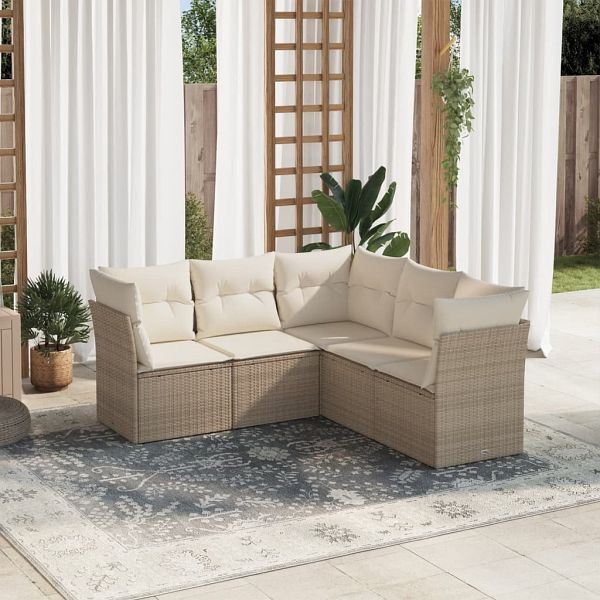 vidaXL 5-teilig Garten-Sofagarnitur mit Kissen Beige Poly Rattan, 3217618