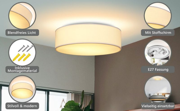 monzana Deckenlampe Weiß Stoff Ø38cm, 109131, 4251776909233