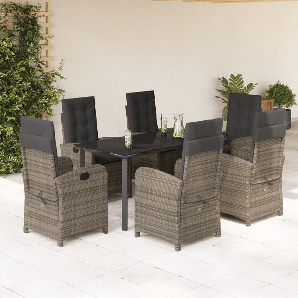 vidaXL 7-teilig Garten-Essgruppe mit Kissen Grau Poly Rattan, 3212366