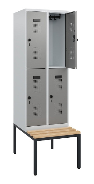 C+P Doppelstöckiger Spind Evolo PLUS, Bank, 4 Fächer, 1950x600x815mm, 7035/0004, Drehriegel, Sitzfläche Buche-Hartholz, Sitzbank, 0493505-20 S10014