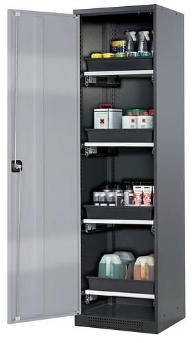asecos Chemikalienschrank Systema-T CS-54L, Korpus anthrazit, Flügeltüren silber, 4 Tablarauszüge, 208886