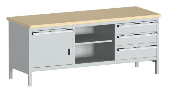 bott cubio Kastenwerkbank mit 4 Schubladen Türe, 2 Ablagen, Multiplex-Arbeitsplatte BxTxH: 2000 x 750 x 840 mm, RAL 7035, 41002058.16V