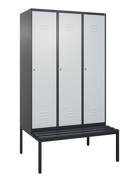 C+P Umkleidespind Classic PLUS, mit untergebauter Sitzbank, 3 Abteile, 2120x1200x815mm, 7016/7035, Zylinderschlösser, 0800507-32 S10028