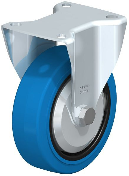 Blickle BK-POEV 125K-1-SB-FA Stahlblech-Bockrolle, schwere Ausführung, mit Anschraubplatte, Elastik-Vollgummi, Blau, 663005