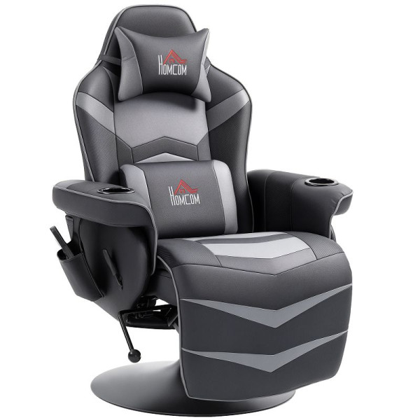 HOMCOM Gamingsessel, Massagefunktion, neigbare Lehne, Fußstütze, bis 120 kg, Stahlrahmen, Kunstleder, Grau, 700-142V00GY