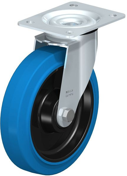 Blickle LE-POEV 200KD-SB Stahlblech-Lenkrolle mit Anschraubplatte, Elastik-Vollgummi, Blau, 749646