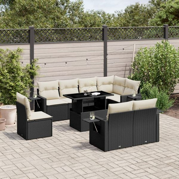 vidaXL 9-teilig Garten-Sofagarnitur mit Kissen Schwarz Poly Rattan, 3268036