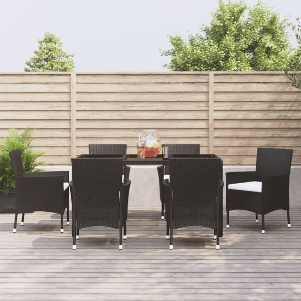 vidaXL 7-tlg. Garten-Essgruppe mit Kissen Schwarz Poly Rattan, 3187319