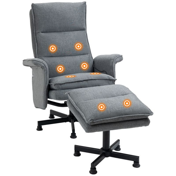 HOMCOM Massagesessel-Bürostuhl mit Fußhocker, 8 Vibrationsköpfe, 1 Fernbedienung, 1 Seitentasche, Grau, 700-165V90GY