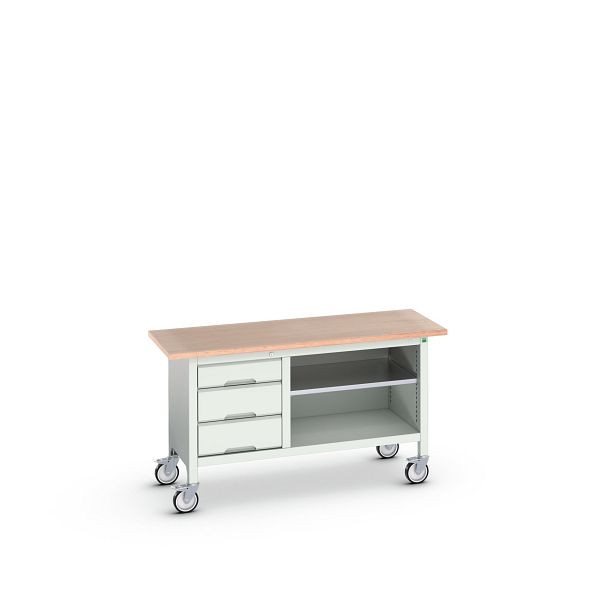 bott verso mobile Kastenwerkbank mit Schubladenschrank mit 3 Schubladen / offenem Schrank, BxTxH: 1500x600x830mm, Lichtgrau / Lichtgrau, 16923212.16
