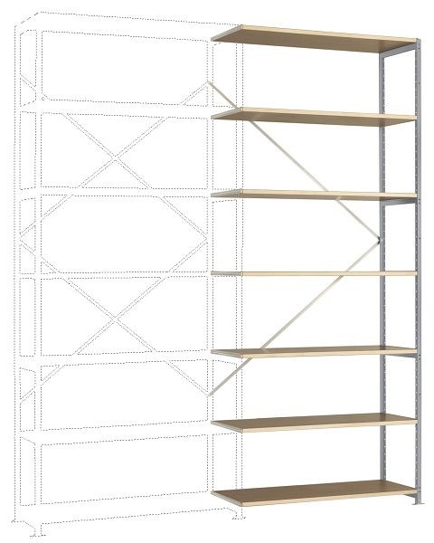 Manuflex Breitfach-Steckregal Anbauregal mit 7 Holzverbundböden, HxBxT = 3000 x 1250 x 400 mm, alusilber, RP1726.9006