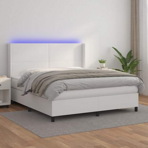 vidaXL Boxspringbett mit Matratze & LED Weiß 180x200 cm Kunstleder, 3139278