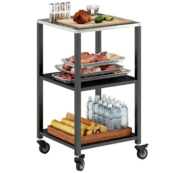 Outsunny Grillwagen 3-Etagen Grilltisch mit Edelstahl Arbeitsfläche Rollen mobiler Servierwagen 50 x 50 x 90 cm Schwarz, 846-212V00BK