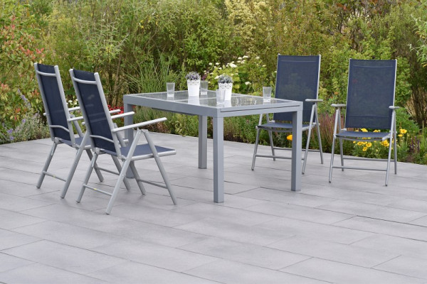 Merxx Amalfi Set 5-teilig, 4 Amalfi Klappsessel, Rückenlehne verstellbar, 1 Ausziehtisch 120 (180) x 90 cm, silber/marineblau, 50349-313