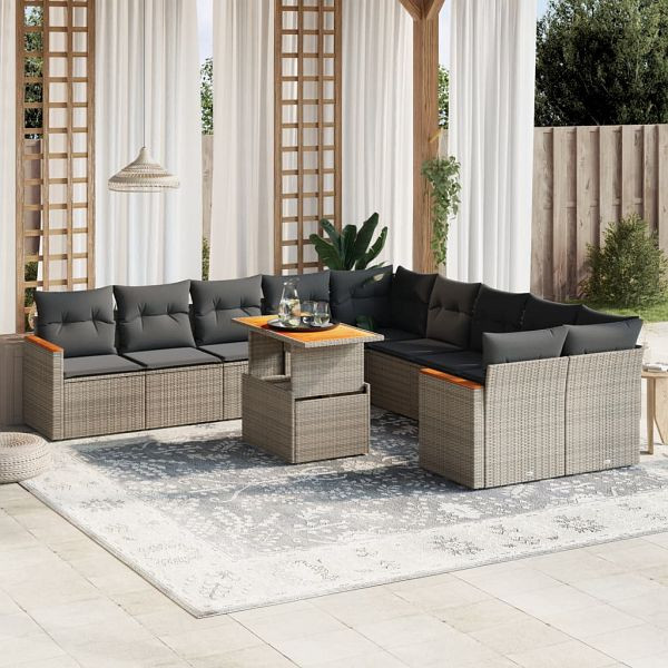 vidaXL 11-teilig Garten-Sofagarnitur mit Kissen Grau Poly Rattan, 3273265