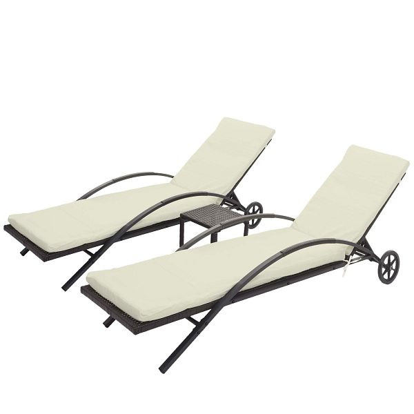 Mendler 2er-Set Sonnenliege HWC-E27, Relaxliege Gartenliege, Poly-Rattan, braun, Kissen creme-beige, 76138