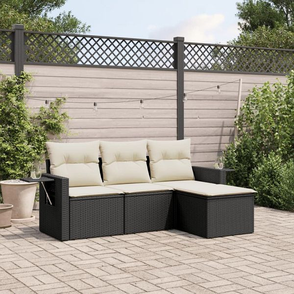 vidaXL 4-teilig Garten-Sofagarnitur mit Kissen Schwarz Poly Rattan, 3220065
