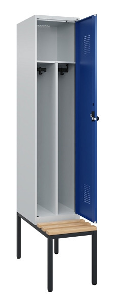 C+P Spind Evolo PLUS, 1 Abteile, 2120x400x815mm, 7035/5010, Haken 4, Drehriegel, Sitzfläche Buche-Hartholz, Sitzbank, Trennwand, 0490507-12F S10006