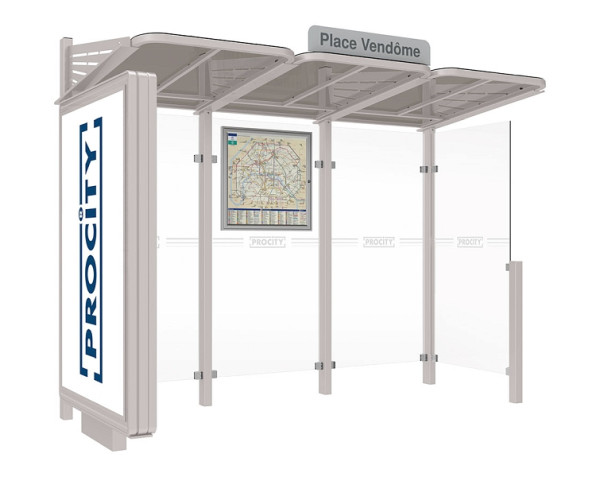 Procity Wartehalle Convi® - Standard - 1 Beleuchteter Caisson Links + 1 Seitenverkleidung Rechts, Farbe RAL 7044, 529388.7044