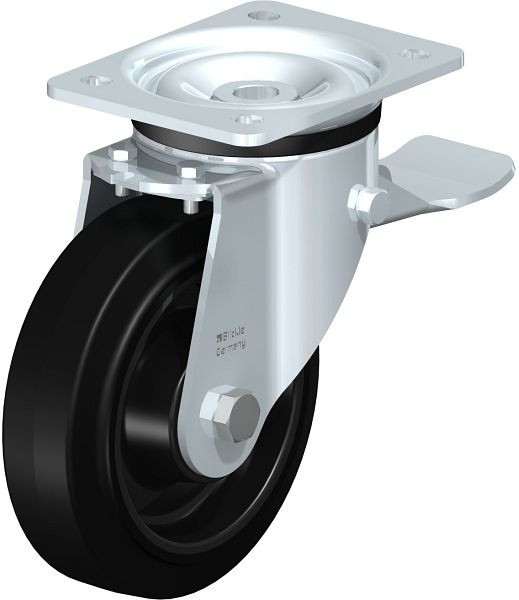 Blickle LK-POEV 160XKA-ST Stahlblech-Lenkrolle, schwere Ausführung, mit Anschraubplatte & Feststeller, Elastik-Vollgummi, Schwarz, 851268