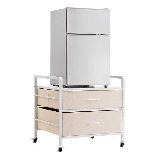 VEVOR Kühlschrankständer auf Rollen, 80 kg Tragkraft, mit 2 Schubladen & 4 Lenkrollen, für Wohnheim/Büro, Weiß, CTKMNBXZJ2CB91249V0