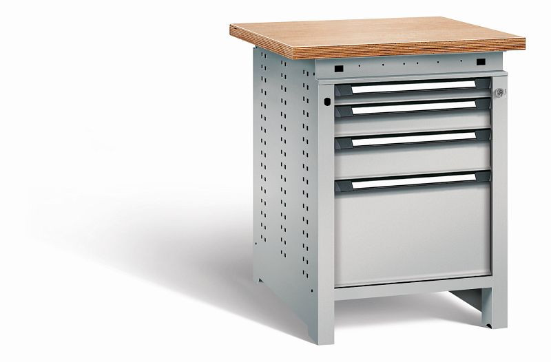 Otto Kind Werkbank Serie function Typ 108, Multiplexplatte, überstehend, 4 Schubladen, mit Zentralverschluss, komplett RAL 9006, 072325296
