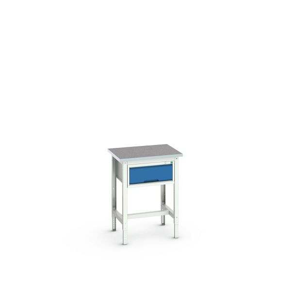 bott verso Werkbank (Linoleum-Platte) mit Querstrebenset und 1 Schublade, BxTxH: 700 x 600 x 780 - 930 mm, Lichtgrau / Enzianblau, 16921601.11