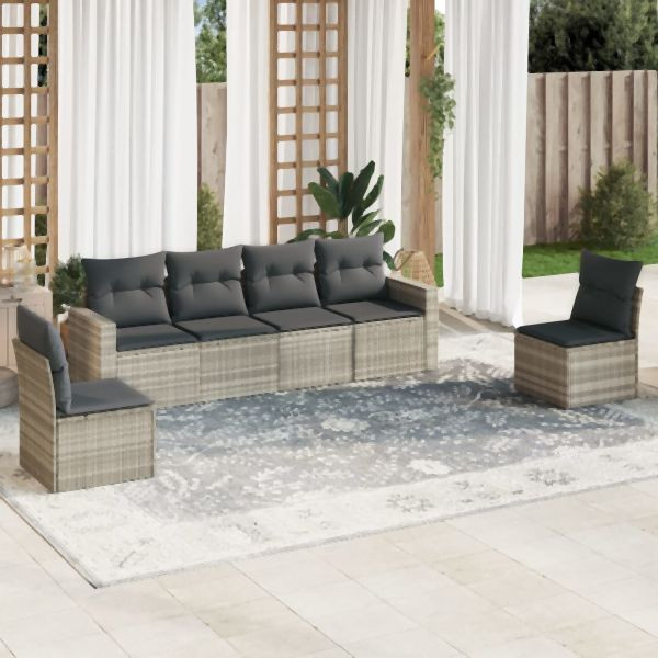 vidaXL 6-tlg. Garten-Sofagarnitur mit Kissen Hellgrau Poly Rattan, 3251149