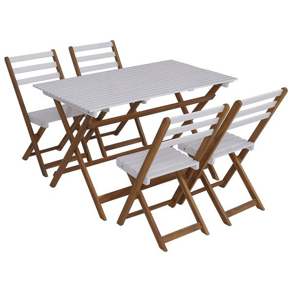 Mendler Garnitur HWC-P72, Sitzgruppe Gartenmöbel-Set Essgruppe 4x Stuhl Tisch, Akazie Holz klappbar, natur-weiß, 119728+121066