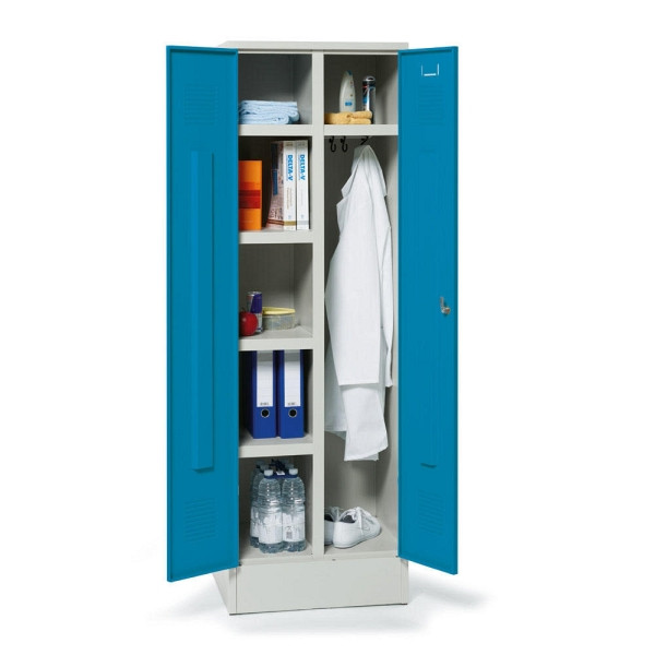 Deskin Mehrzweck-Garderoben-Stahlspind, H 1850 x B 600 x T 500 mm, 2 Abteile, Abteilbreite 300 mm, Korpus Lichtgrau RAL 7035, Türen Lichtblau, 278151